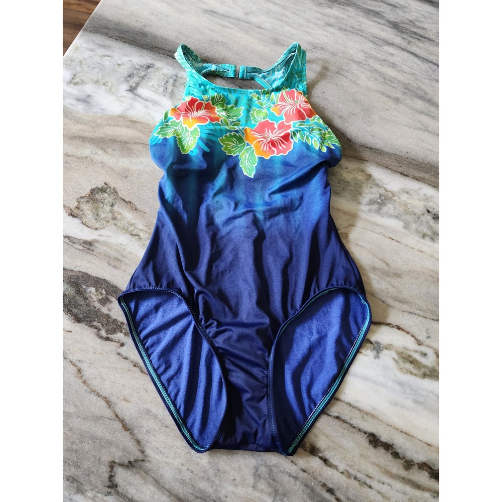 Vintage 90s St. Tropez Floral Hibiscus Ombre One Piece Swimsuit Blue Size 10